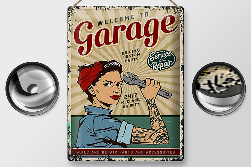 Blechschild Retro 30x40cm Pinup welcome Garage service 24/7