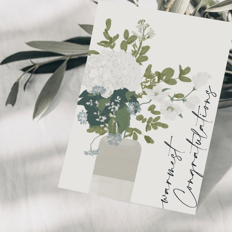 Glückwunschkarte 'warmest Congratulations' mit Vase und Blumenstrauß