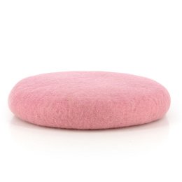 Round pastel pink felt cushion, 38 cm diameter, made of 100% natural felt material with wool filling, handmade in Nepal.