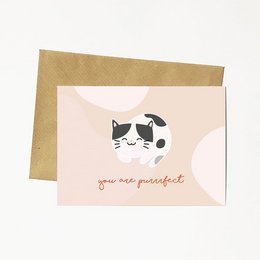 Greeting card with a cute cat illustration and the text "you are purrfect". The card is made of light pink and brown paper, giving it a simple and elegant design.