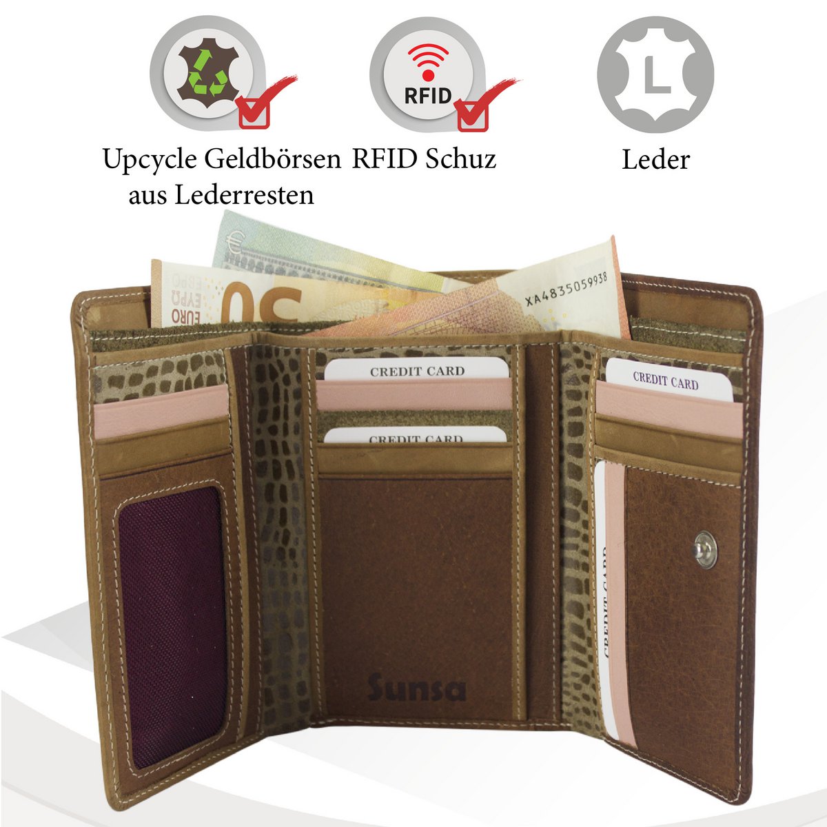 Sunsa damesportemonnee. Leren portemonnee. Portemonnee met RFID-bescherming. Portemonnee gemaakt van overgebleven leer. Grote portemonnee voor dames met veel vakjes voor creditcards - portemonnee voor dames, cadeau-idee