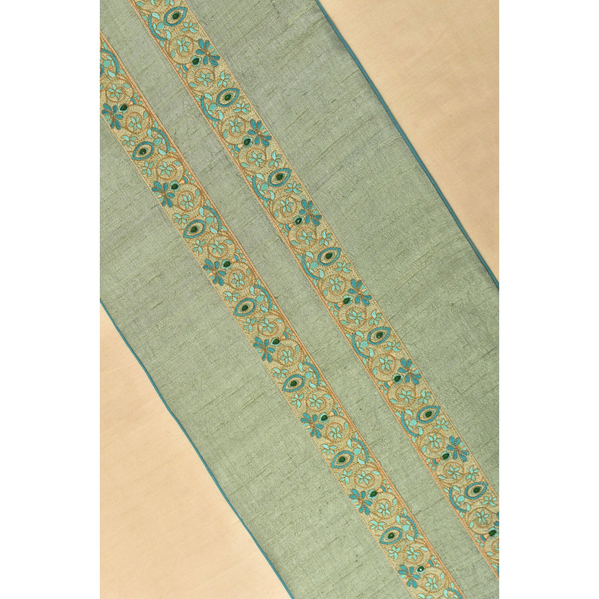 Hand-Embroidered Dupion Silk Table Runner - With Beadwork & Silk Piping