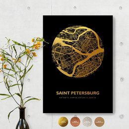 Round wall art featuring a detailed map of Saint Petersburg, Russia in a gold metallic design. Available in various sizes and colors including gold, copper, rose gold, silver, and white.