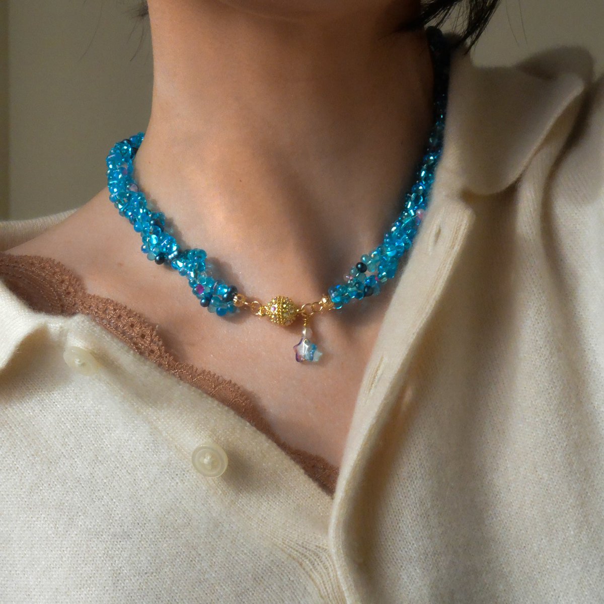 Blue czech crystal beaded necklace with gold plated frontal clasp 