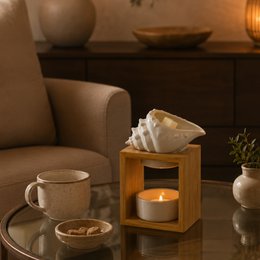 Brûle Parfum Série Naturea – Shell – en Bambou et Céramique – Design Original et Déco – Bougeoir Aromathérapie – Diffusion Huiles Essentielles, Cires, Fondants Parfumés