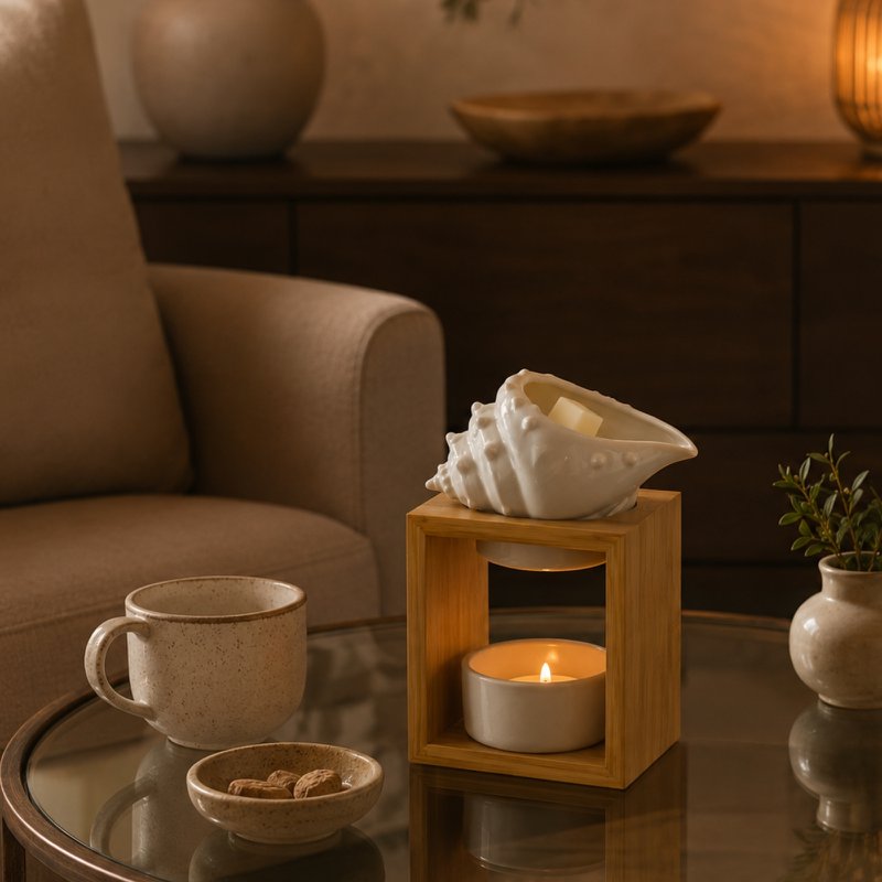 Brûle Parfum Série Naturea – Shell – en Bambou et Céramique – Design Original et Déco – Bougeoir Aromathérapie – Diffusion Huiles Essentielles, Cires, Fondants Parfumés