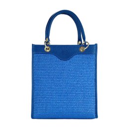 RB1026CH | Bolso de mano vertical para mujer en piel auténtica y paja Made in Italy. Bandolera de piel extraíble y ajustable. Accesorios Oro Pulido - Color Azul Royal - Dimensiones: 24 x 29 x 9 cm