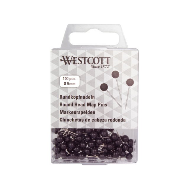 Chinchetas Westcott 5mm negras. Colores, 5 mm x 16 mm 100 unidades en caja de plástico.