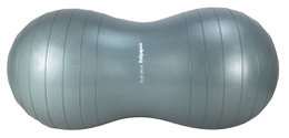 "Gray peanut-shaped sensory ball with ribbed texture, dual rounded ends, soft silicone material for tactile play."
