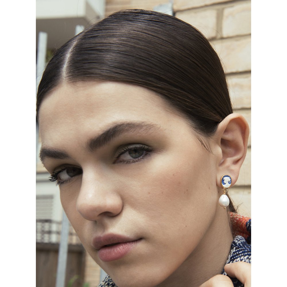 Blue Mini Cameo And Pearl Earrings