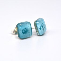 Löwenzahnknopf-Ohrringe, türkisgrüne Farbe, Glas und Sterlingsilber