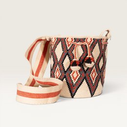 Geometric woven crossbody bag, red cream brown diamond pattern, striped shoulder strap.
