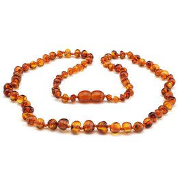  Baroque Baltic amber necklace with round, oval, and irregular-shaped amber beads in shades of orange, yellow, and brown. The necklace has a classic, elegant design suitable for formal or casual wear.