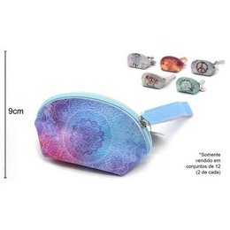 Oval-shaped wallet in vibrant blue, pink, and purple tones with a lotus flower design, measuring 15x9x8cm.
