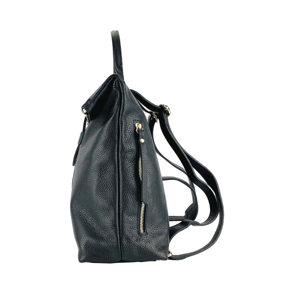 RB1021A | Sac à dos souple pour femme en cuir véritable fabriqué en Italie avec bretelles réglables. Fermeture éclair et accessoires en métal doré brillant - Coloris Noir - Dimensions : 30 x 34 x 10,5 cm