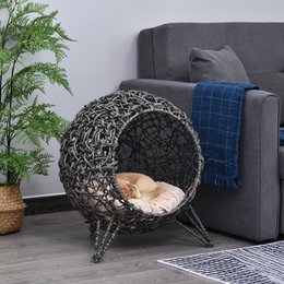 Cat house made of rattan with cushions, cat sleeping area, cat cave with raised feet, silver-grey, Ø52 x 58 cm