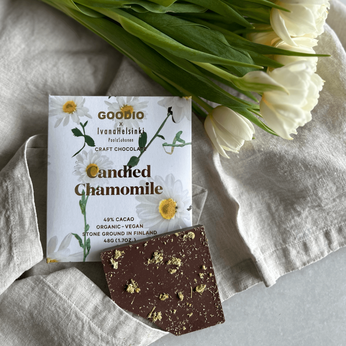 Gekonfijte Kamillechocolade 49%