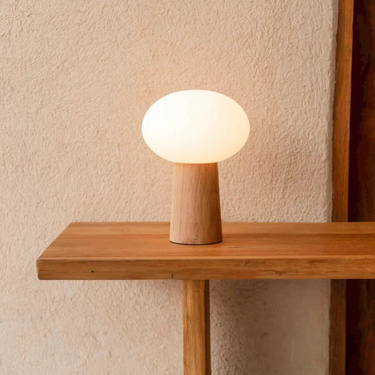 Max Hellbraune kabellose Tischlampe aus Holz
