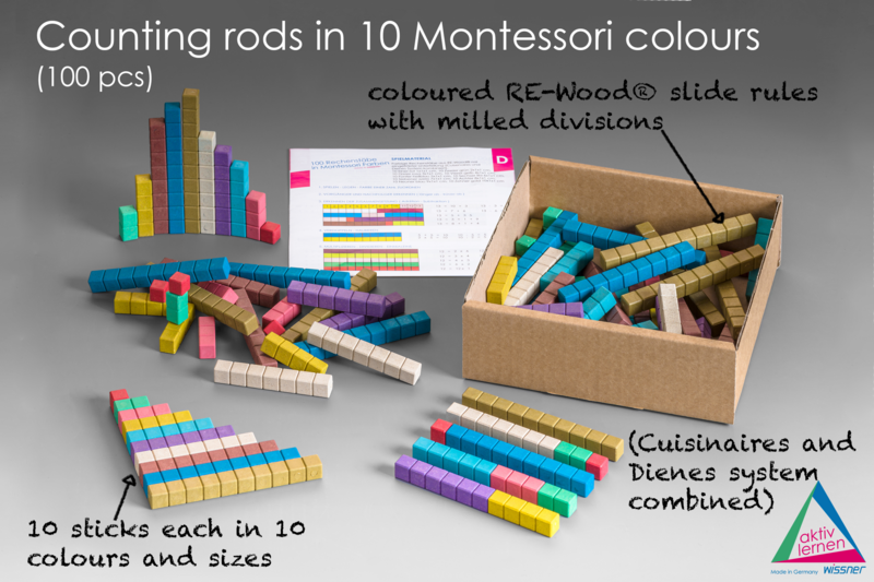 Beregningspinde i 10 Montessori-farver (100 stk.) | svarer til perlemateriale