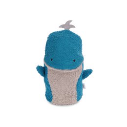 Soft, plush blue and gray whale-shaped washcloth with a textured surface for gentle cleansing.