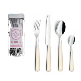  A 24-piece cutlery set in a window box, featuring a variety of colorful stainless steel utensils including forks, knives, and spoons.