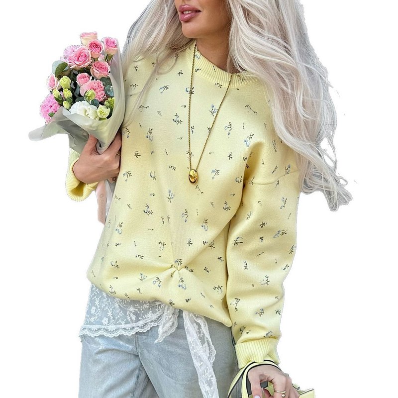 Kvinders europæisk og amerikansk stil Chic blomsterprint sweater med rund hals