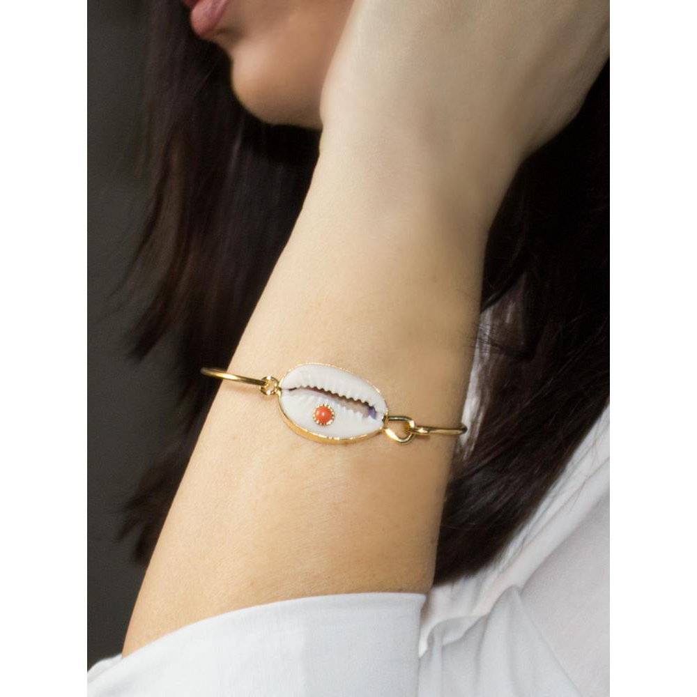 Coral & Cowrie Shell Cuff Bracelet