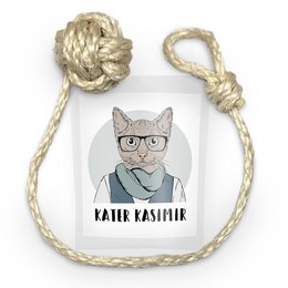 Robust, handcrafted cat toy made from natural fibers, featuring a playful cat illustration and a jingle bell for interactive play.