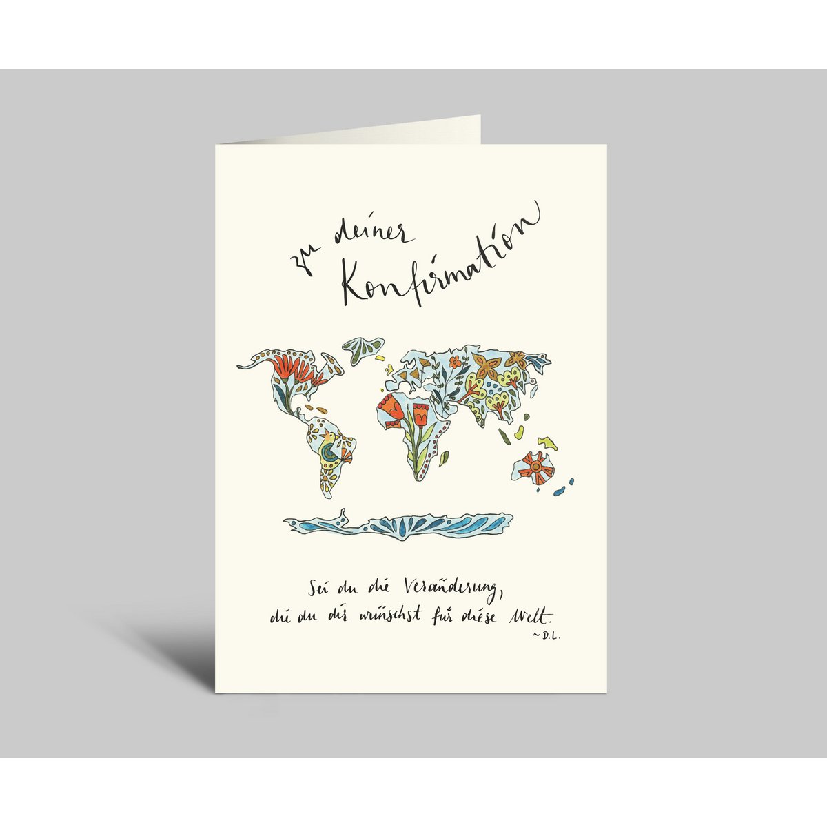 Confirmation card | Colorful world map | Be the change you want for the world | Folding card with envelope
