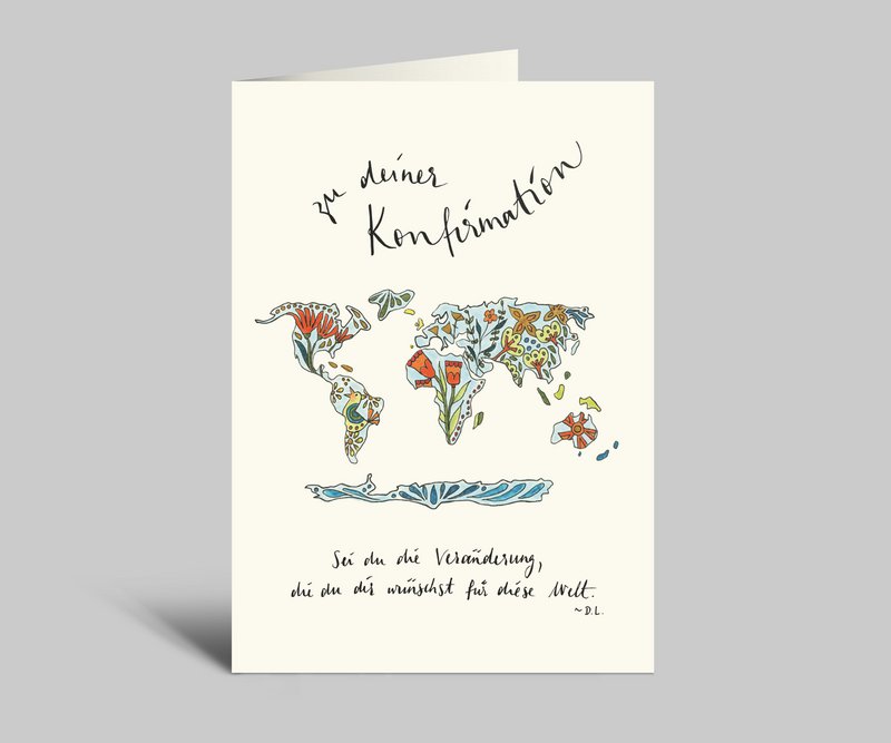 Confirmation card | Colorful world map | Be the change you want for the world | Folding card with envelope