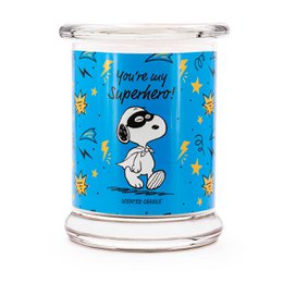  Scented candle with a Peanuts character design, featuring the text "You're my superhero". The candle is round and tall, with a blue and yellow color scheme and superhero-themed graphics.