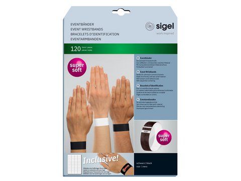 Event wristbands Sigel super soft 255x25mm black 120 pcs. incl. labels