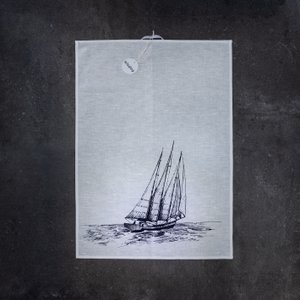 Tea towel half linen white with sailing boat
