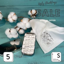  Handcrafted cotton handkerchiefs in a set of 5, featuring a "Ugly Duckling" design, on sale for a special offer. The handkerchiefs measure 21.5 x 21.5 cm and come in a stainless steel Tiny Box.