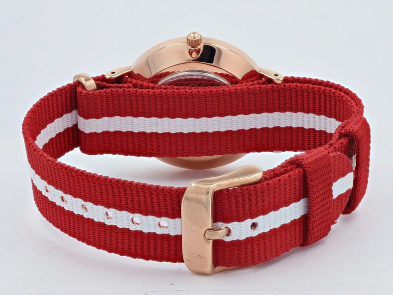 Moderno Milano stainless steel women's watch 36.5 mm, sapphire crystal & nylon NATO strap (red-white), rose gold-colored