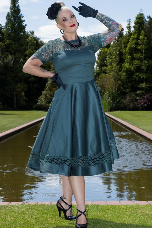 EU STOCK Tessa Lace Embroidered Sleeved Dress in Dark Green