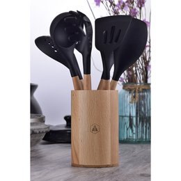 LAGUIOLE Kitchen Utensil 5 Pieces: Skimmer, Ladle, Spatula, Basting Brush, Spaghetti Spoon, Frying, Sauce, Non-Stick, Black - Silicone - Light Wood