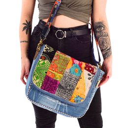 Sac bandoulière pour femme Sunsa en jean upcyclé et tissu sari (toile). Sac à main style rétro vintage. Sac bandoulière pour femme.