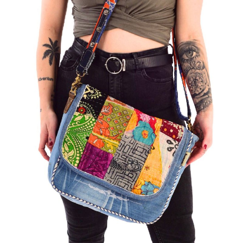 Sac bandoulière pour femme Sunsa en jean upcyclé et tissu sari (toile). Sac à main style rétro vintage. Sac bandoulière pour femme.