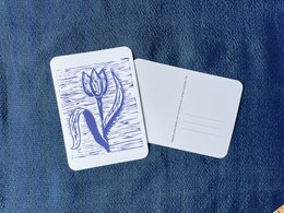  Delft Blue Style Tulip Postcard - Postcard featuring a blue and white tulip design in the Delft Blue style.