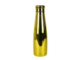 Metallic gold chrome thermos bottle with a sleek, cylindrical shape.