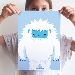 A cute, cartoon-style illustration of a white Yeti or Abominable Snowman with big eyes and a friendly expression, perfect for decorating a child's room.