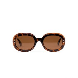Tortoiseshell-patterned oval sunglasses with brown lenses.