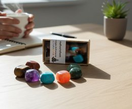 Colorful chakra stones in a wooden box, including red, blue, purple, and green stones. The stones appear to be polished and natural in shape.