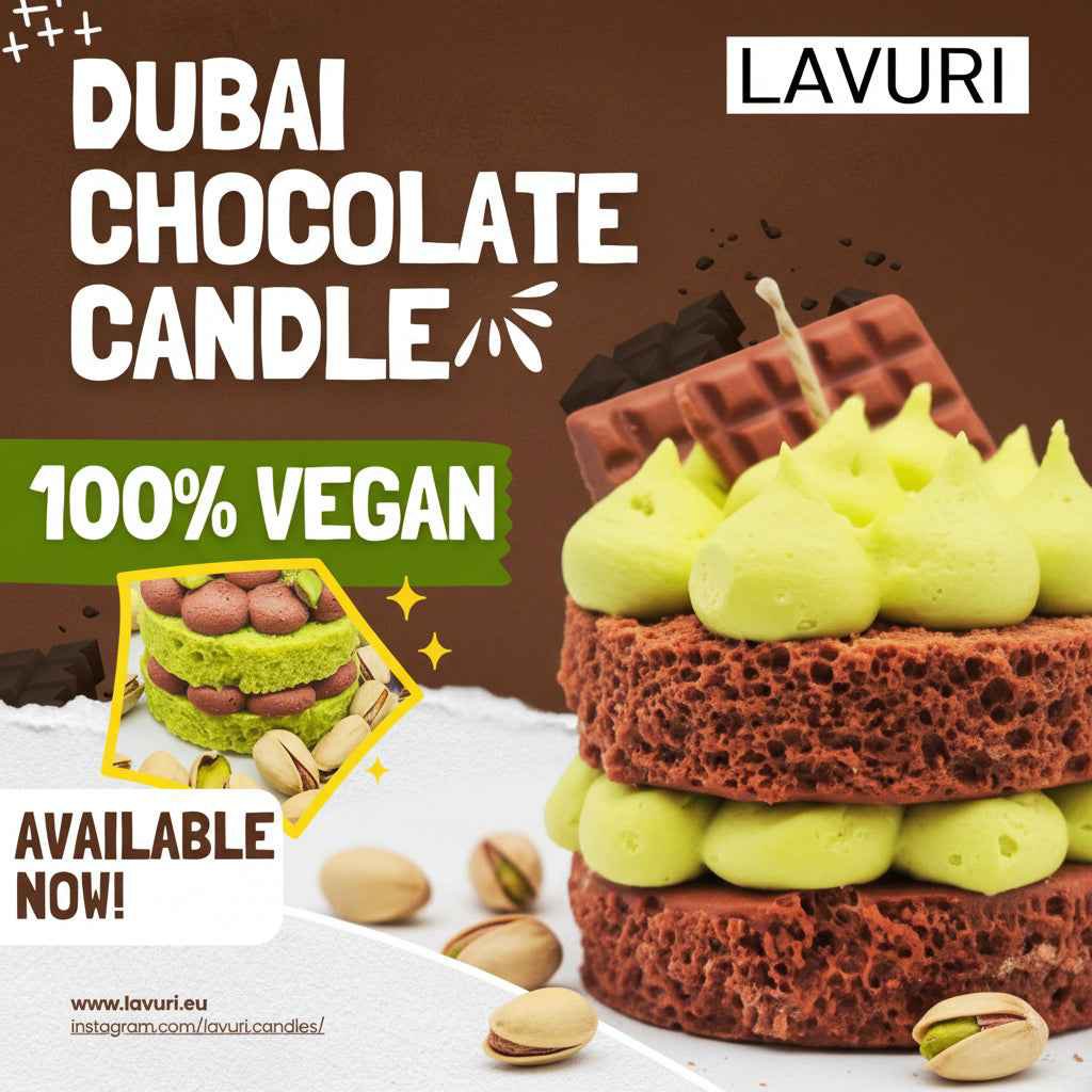 LAVURI DUBAI Chocolate cake candle, 100% handmade scented candle made from soy wax, pistachio cream look on a fluffy cake base
