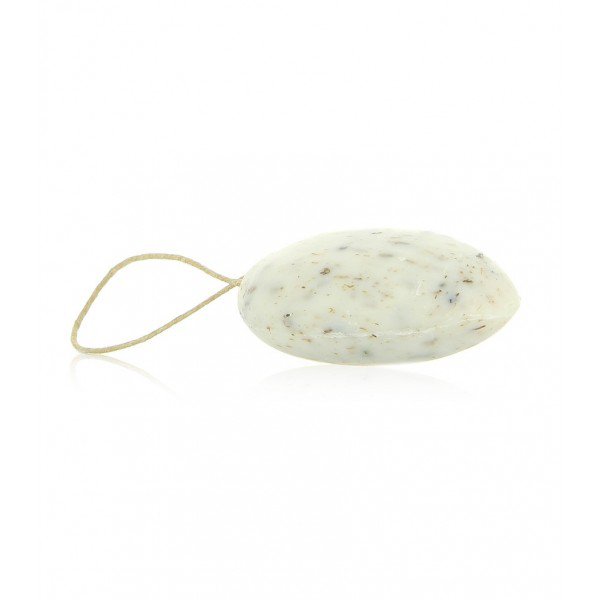 Lavender scrub pebble shape soap with rope 155g.
