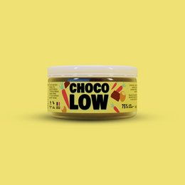 Yellow chocolate spread in a round container labeled "Choco Low 155g".
