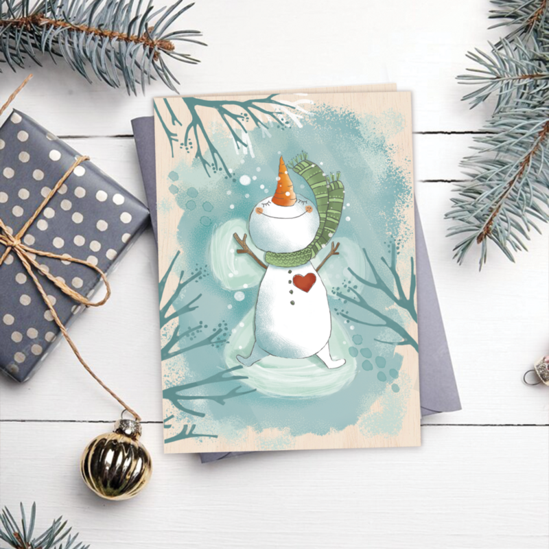 Fröhliche Schneemann-Weihnachtsgrußkarte aus Holz