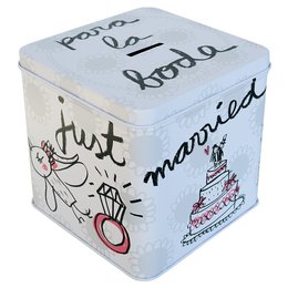A white metal coin box with the text "just married" printed on it. The box has a simple, minimalist design with hand-drawn illustrations of wedding-related items like a cake and rings.