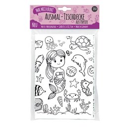A coloring tablecloth with a mermaid motif, suitable for kids. The image shows various sea creatures and mermaid-themed illustrations in black and white, ready to be colored.